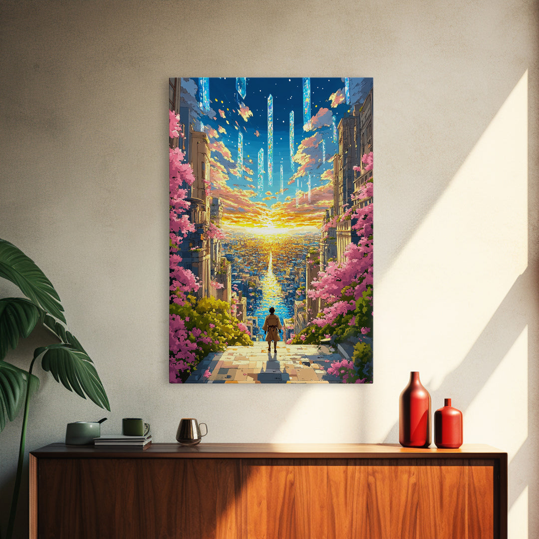 Futuristic City Sunset Vista Wall Art, Cherry Blossom Sci Fi Canvas Print, Vibrant Anime Landscape Living Room Decor Gift