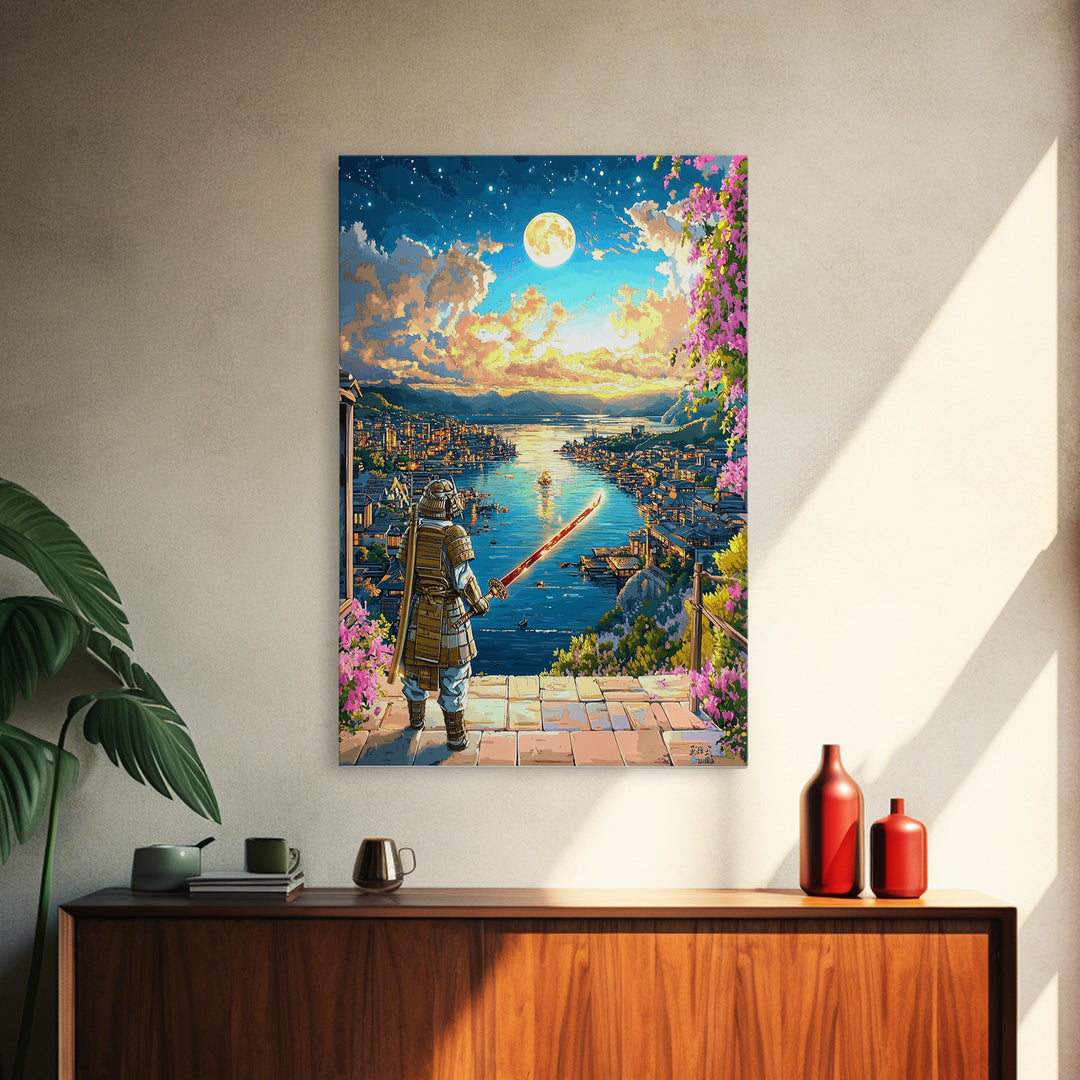 Moonlit Samurai Over Coastal Harbor Wall Art, Japanese Fantasy Landscape, Cherry Blossom Decor, Samurai Canvas, Gift For Him