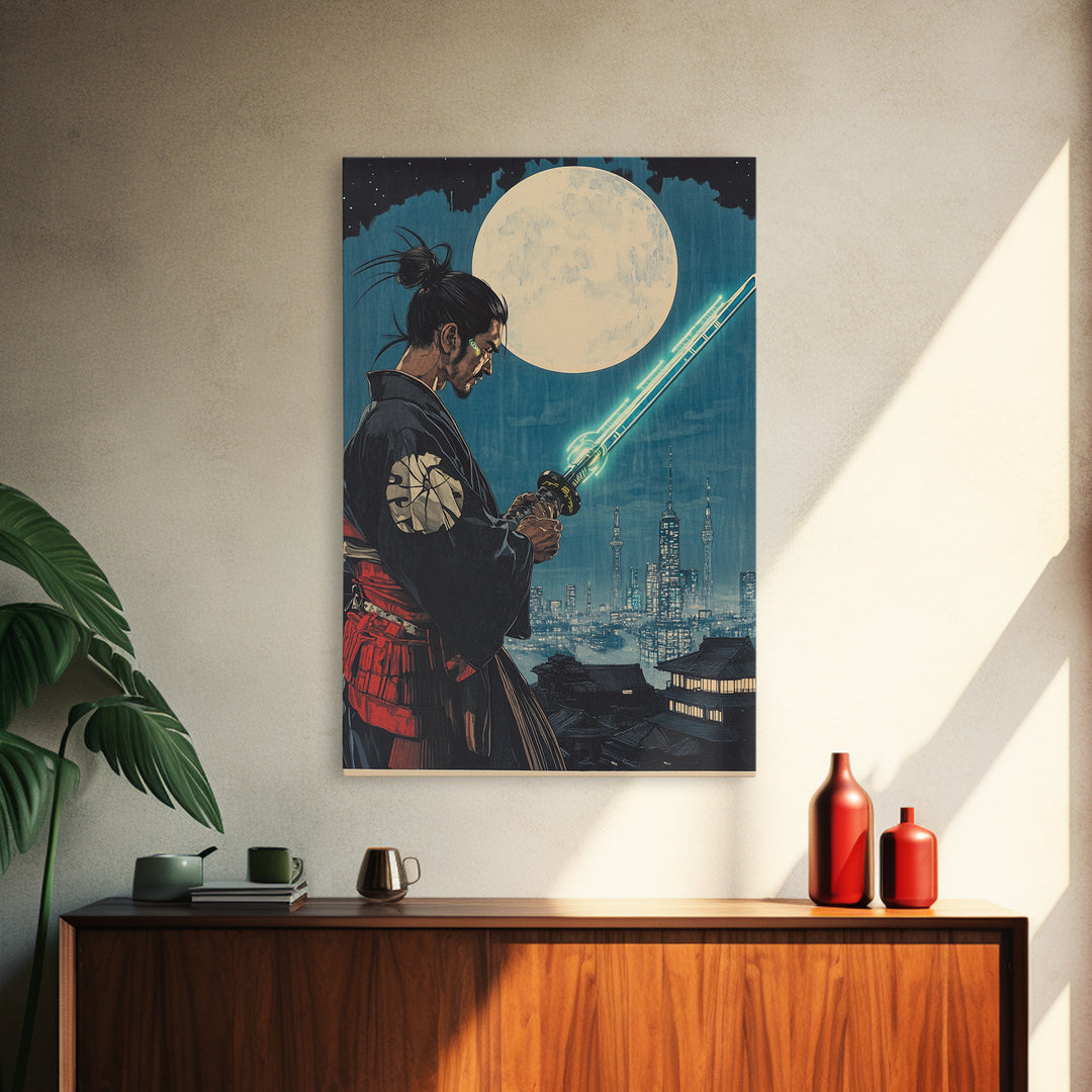 Cyber Samurai Under Full Moon Wall Art, Japanese Warrior Print, Sci Fi Cityscape, Neon Sword Decor, Masculine Office Art