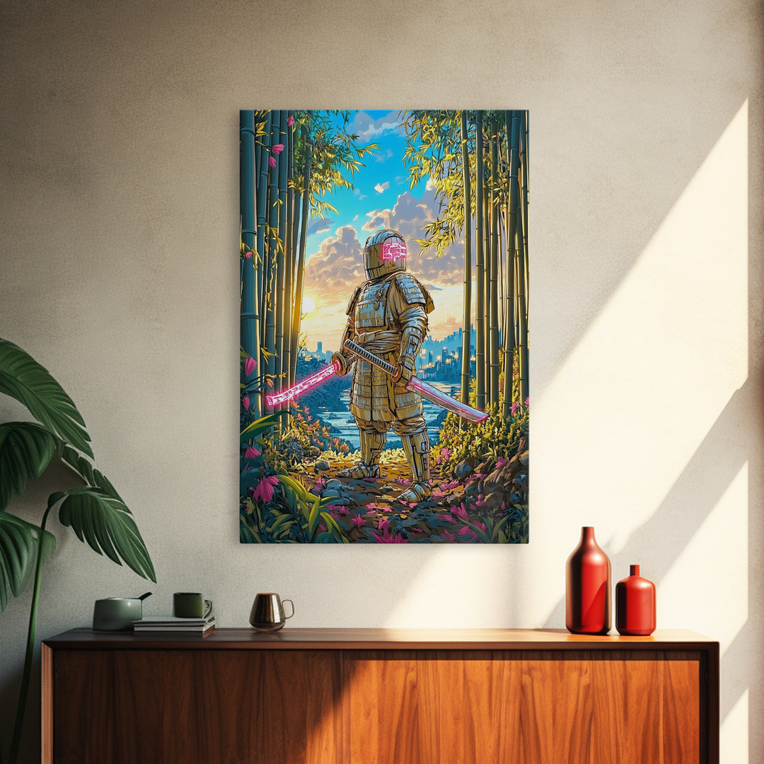 Armored Samurai In Bamboo Forest Canvas Print, Japanese Wall Art, Neon Sword Landscape, Sci Fi Warrior Decor, Gift For Him
