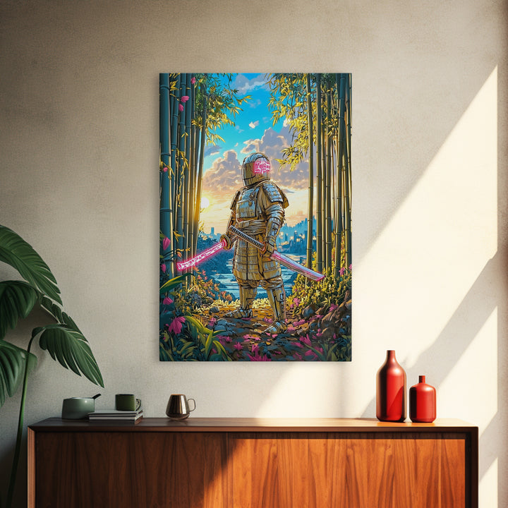 Armored Samurai In Bamboo Forest Canvas Print, Japanese Wall Art, Neon Sword Landscape, Sci Fi Warrior Decor, Gift For Him