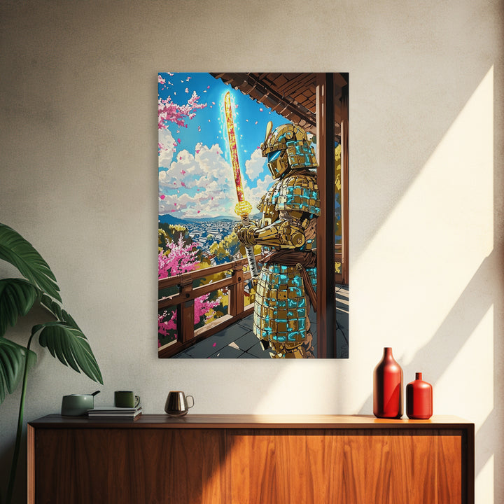 Golden Samurai On Cherry Blossom Balcony Wall Art, Japanese Seascape Print, Fantasy Warrior Wall Decor, Unique Gift For Him