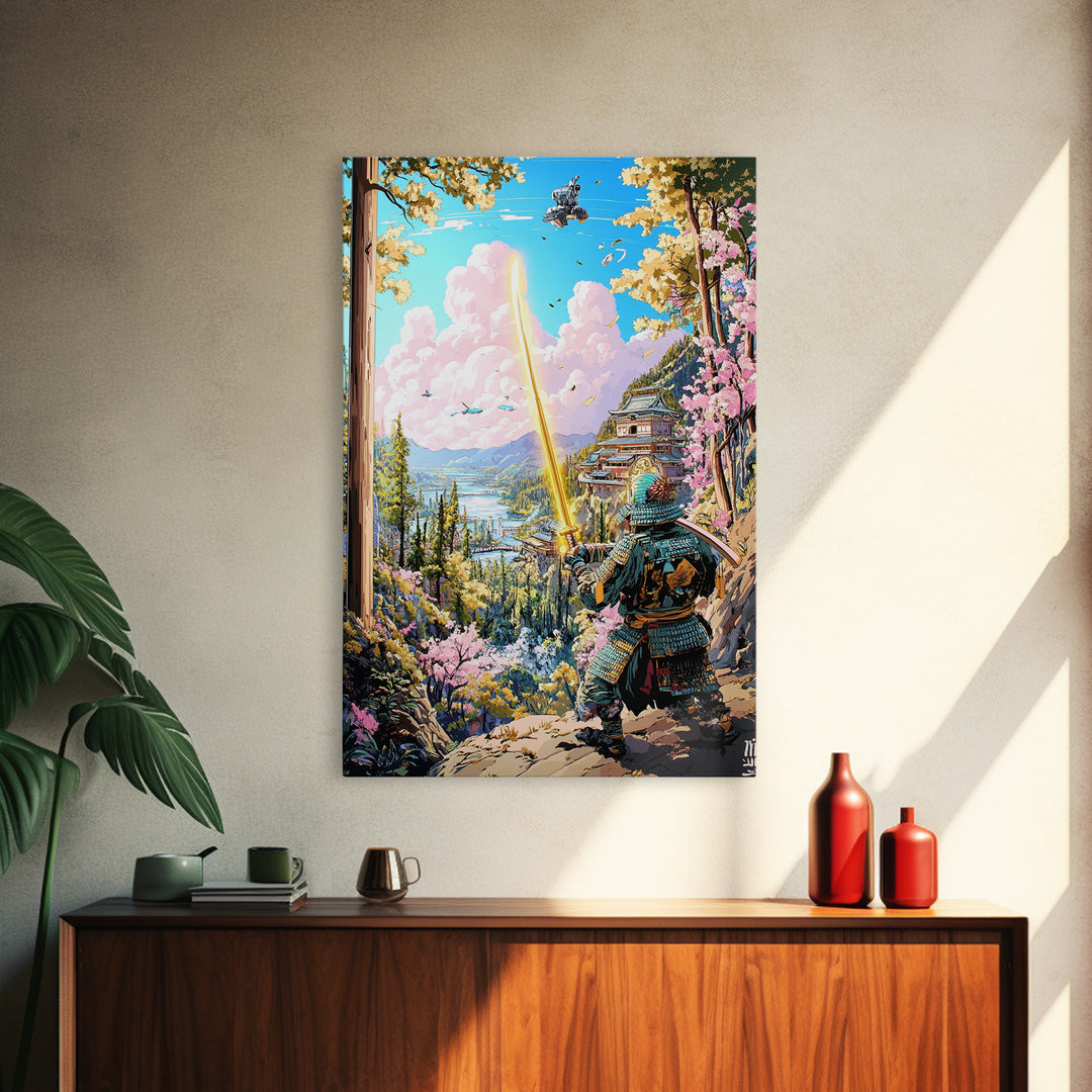 Samurai With Golden Sword Above Mountain Castle Wall Art, Japanese Landscape Print, Cherry Blossom Decor, Fantasy Wall Decor