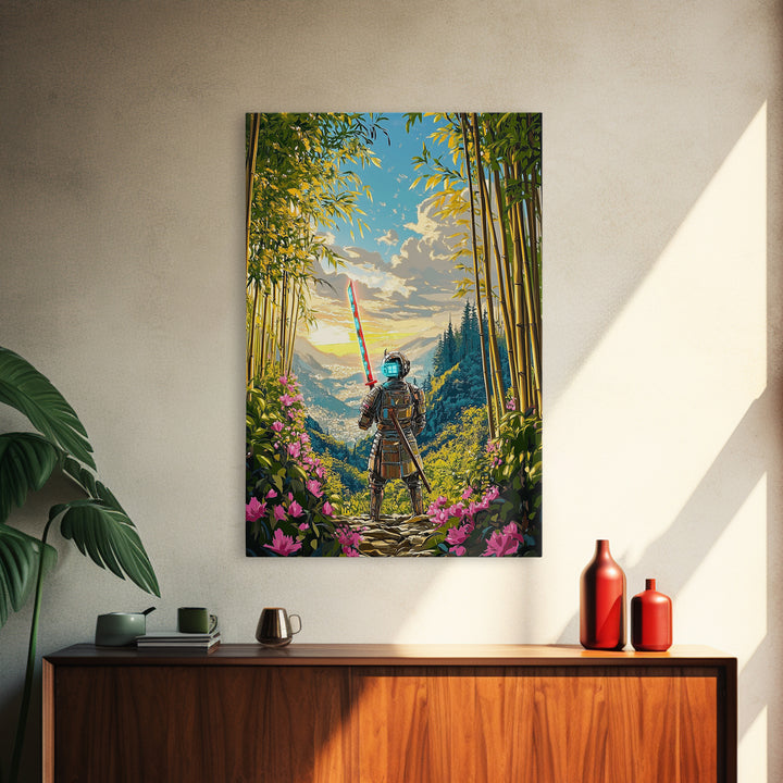 Neon Samurai In Bamboo Mountain Valley Canvas Print, Japanese Wall Art, Sunrise Landscape, Fantasy Home Decor, Gift For Him