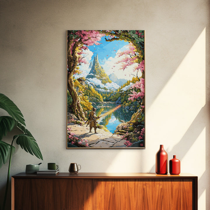 Wandering Samurai By Lake And Mountain Castle Wall Art, Japanese Fantasy Landscape, Cherry Blossom Print, Scenic Home Decor
