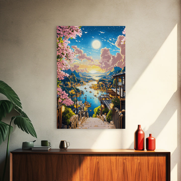 Moonlit Harbor Steps With Cherry Blossoms Wall Art, Japanese Coastal Landscape, Fantasy Seascape Print, Living Room Decor