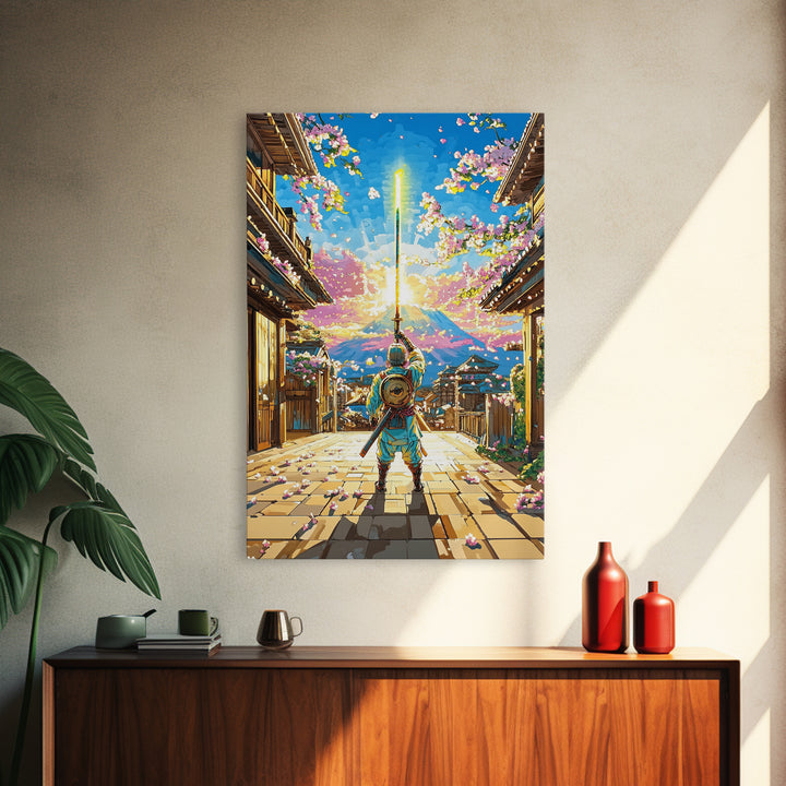 Samurai Raising Neon Sword In Cherry Blossom Village Canvas Print, Japanese Wall Art, Mount Fuji Decor, Fantasy Gift For Him