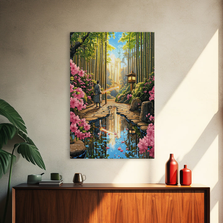 Samurai In Bamboo Garden With Cherry Blossoms Wall Art, Japanese Fantasy Canvas, Zen Landscape, Living Room Decor, Home Decor Gift