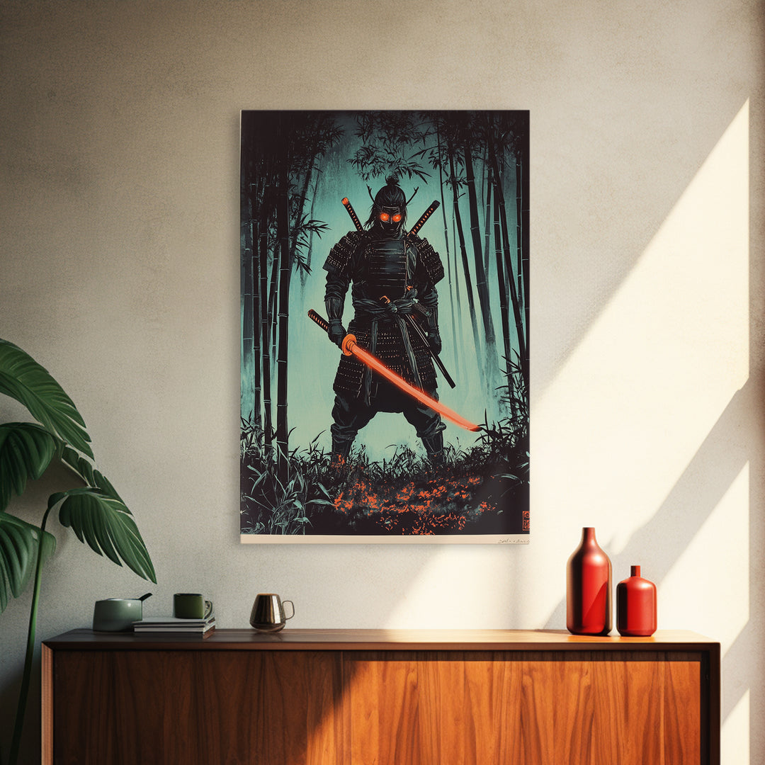 Dark Samurai In Bamboo Forest Framed Canvas Print, Japanese Warrior Wall Decor, Cyberpunk Fantasy Art, Gift For Him, Moody Office Decor