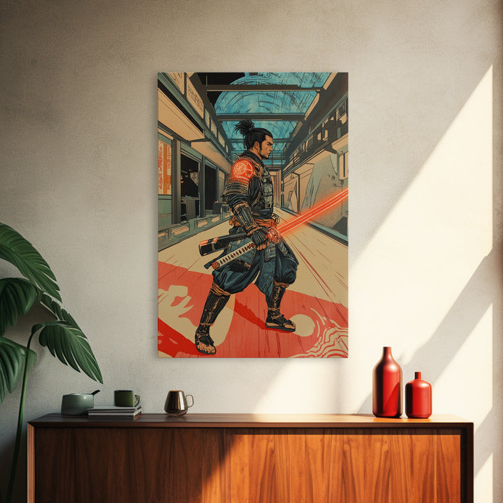 Futuristic Samurai In Subway Station Canvas Print, Japanese Cyberpunk Warrior, Sci Fi Wall Art, Gaming Room Decor Gift Idea