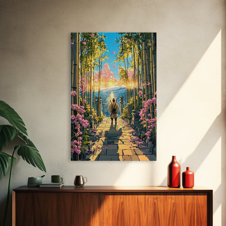 Lone Samurai On Bamboo Path At Sunrise Wall Art, Japanese Landscape Canvas, Cherry Blossom Decor, Zen Living Room Art, Housewarming Gift