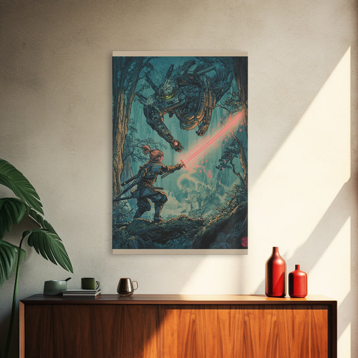 Samurai Battling Giant Mech In Forest Framed Canvas Print, Sci Fi Fantasy Wall Art, Cyberpunk Gamer Room Decor Gift For Him