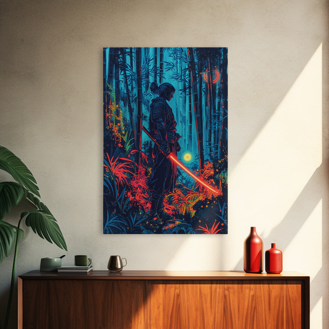 Neon Samurai In Blue Bamboo Forest Canvas Print, Cyberpunk Japanese Wall Art, Dark Fantasy Decor, Gaming Room Gift For Him