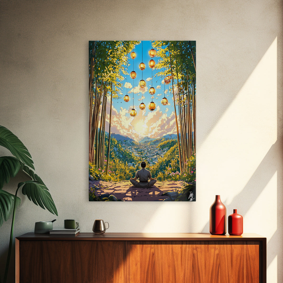 Meditating Figure In Bamboo Valley With Lanterns Wall Art, Zen Landscape Canvas, Japandi Decor, Calm Meditation Room Art