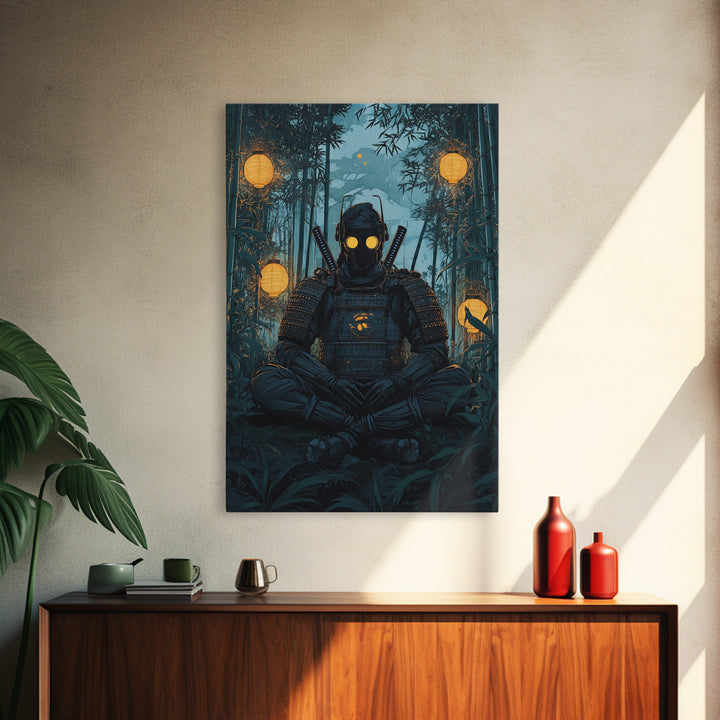 Masked Samurai Meditating In Bamboo Forest Framed Canvas Print, Dark Japanese Wall Art, Zen Warrior Decor, Gift For Him, Man Cave