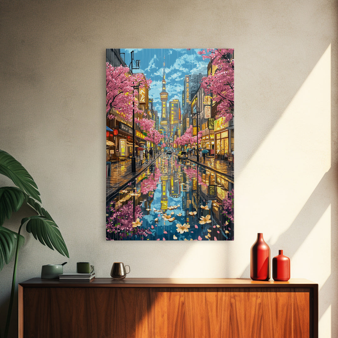 Rainy Tokyo Cherry Blossom Street Wall Art, Japanese Cityscape Print, Neon Urban Travel Poster, Modern Living Room Decor