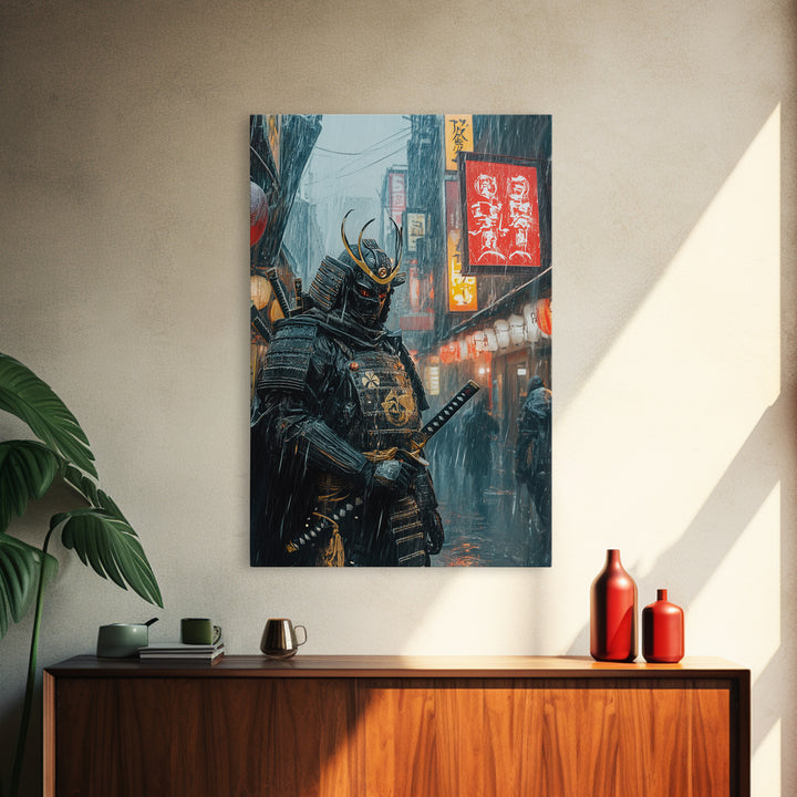 Armored Samurai In Rainy Neon Alley Canvas Print, Japanese Warrior Wall Art, Cyberpunk Decor, Dramatic Office Poster Gift For Him