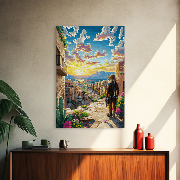 Sunset Adobe Desert Town Cowboy Wall Art, Southwestern Landscape Print, Western Home Decor, Colorful Travel Poster, Housewarming Gift