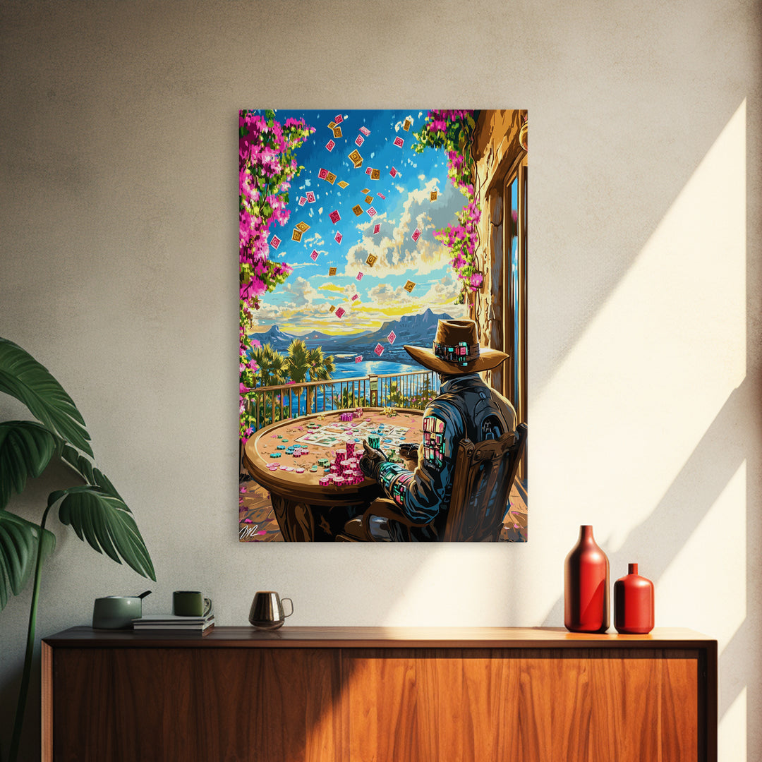 Cyber Cowboy Poker Terrace Wall Art, Southwestern Desert Canvas Print, Futuristic Western Decor, Game Room Unique Gift For Him