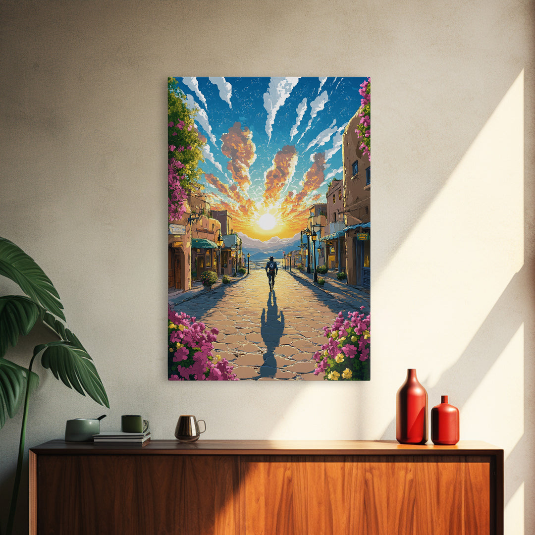 Golden Sunrise Cobblestone Village Wall Art, Mediterranean Landscape Print, Travel Poster, Warm Entryway Home Decor, Living Room Decor