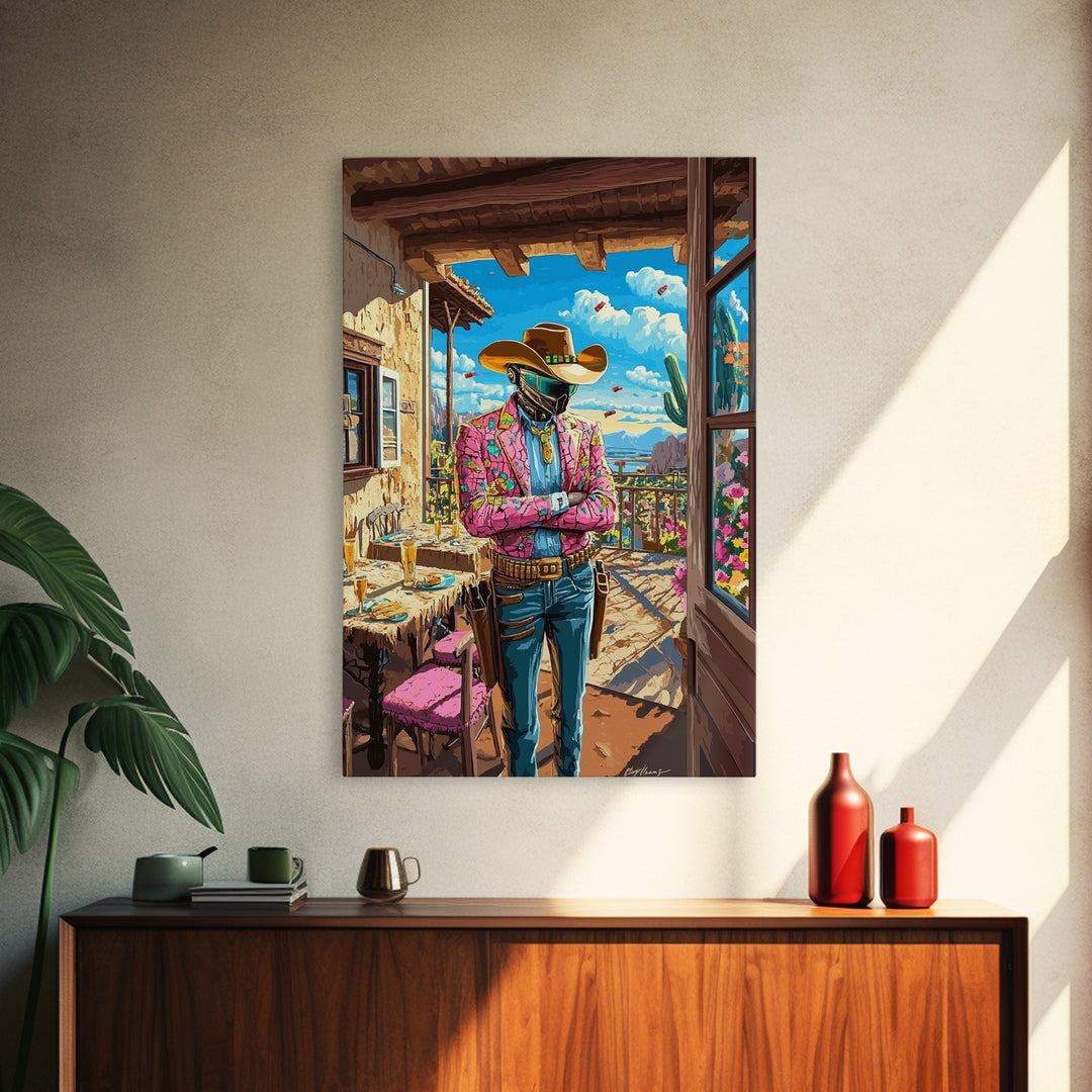 Floral Jacket Cyber Cowboy Portrait Wall Art, Futuristic Western Canvas Print, Desert Fashion Poster, Bold Maximalist Decor