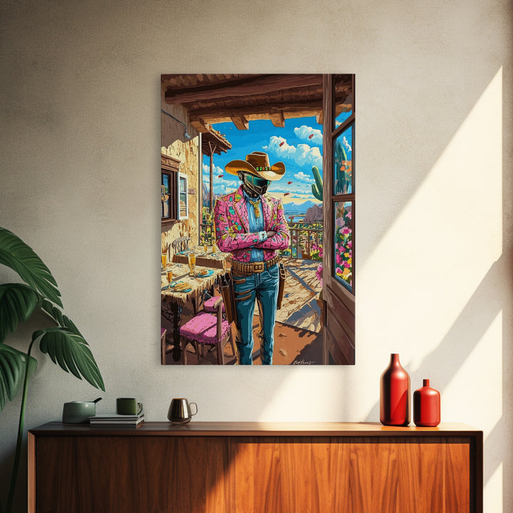 Floral Jacket Cyber Cowboy Portrait Wall Art, Futuristic Western Canvas Print, Desert Fashion Poster, Bold Maximalist Decor