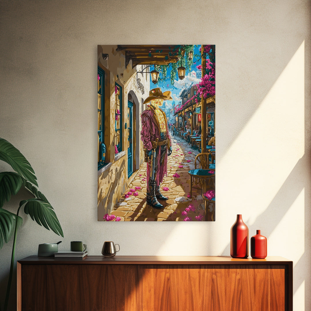 Cyber Western Cowboy In Sunlit Old Town Wall Art, Southwestern Travel Poster, Futuristic Canvas Print, Eclectic Home Decor