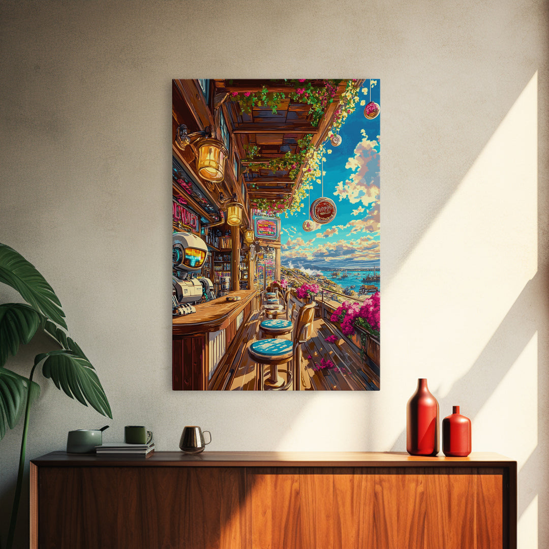 Seaside Sci Fi Cafe Balcony At Golden Hour Framed Canvas Print, Coastal Wall Art, Travel Poster, Living Room Ocean View Home Decor