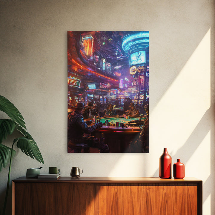 Neon Cyberpunk Poker Room With Outlaws Canvas Print, Futuristic Wall Art, Casino Poster, Man Cave And Game Room Decor For Him Gift