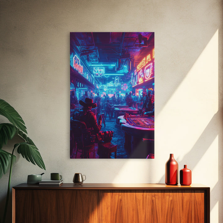 Blue Pink Neon Western Casino Bar Wall Art, Cyberpunk Poster, Futuristic Gaming Room Decor, Man Cave Gift For Him, Trendy Sci Fi Home Decor