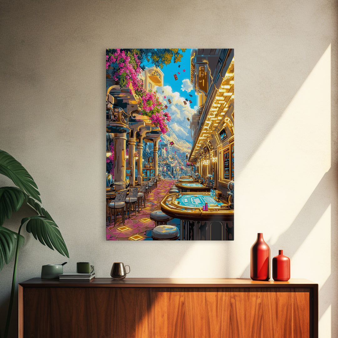 Futuristic Flower Lined Casino Street Canvas Print, Colorful Wall Art, Sci Fi City Travel Poster, Modern Living Room Decor