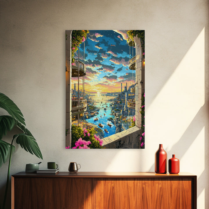 Sunset Harbor City View Between Balconies Framed Canvas Print, Coastal Wall Art, Fantasy Landscape, Above Bed Decor, Living Room Decor