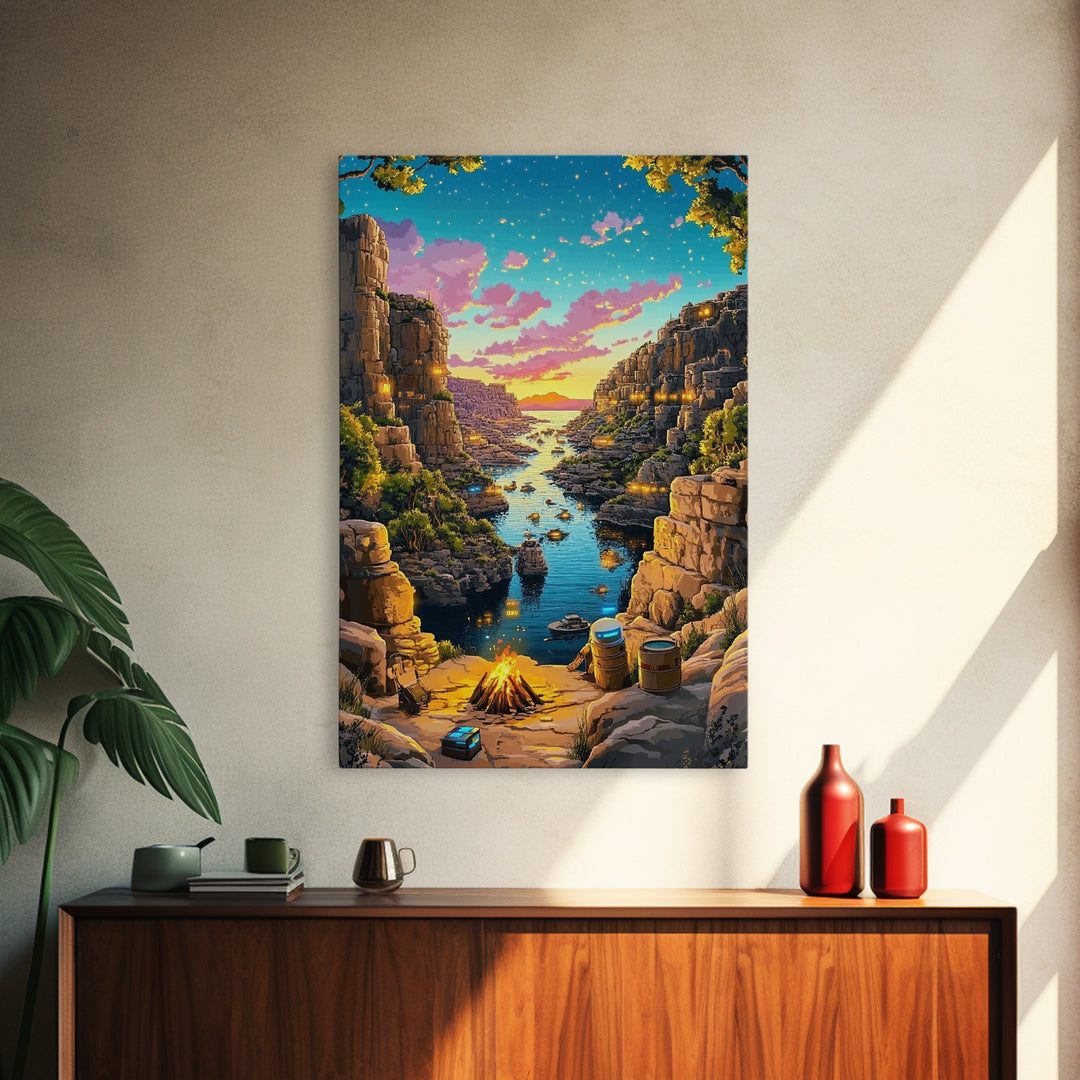 Starry Canyon River Camp At Sunset Canvas Print, Fantasy Wall Art, Adventure Landscape, Rustic Cabin And Game Room Decor