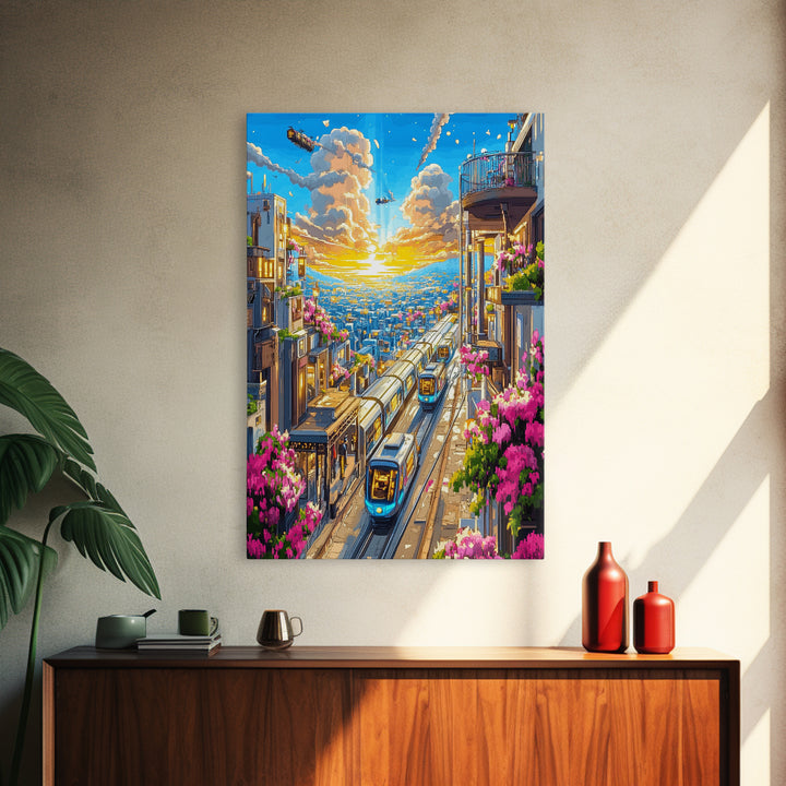 Sunset City Train Tracks With Flower Balconies Canvas Print, Futuristic Wall Art, Urban Travel Poster, Modern Home Decor