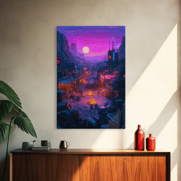 Purple Moon Cyberpunk Desert Settlement Wall Art, Sci Fi Western Poster, Dystopian Landscape, Gaming Room Decor Gift For Him