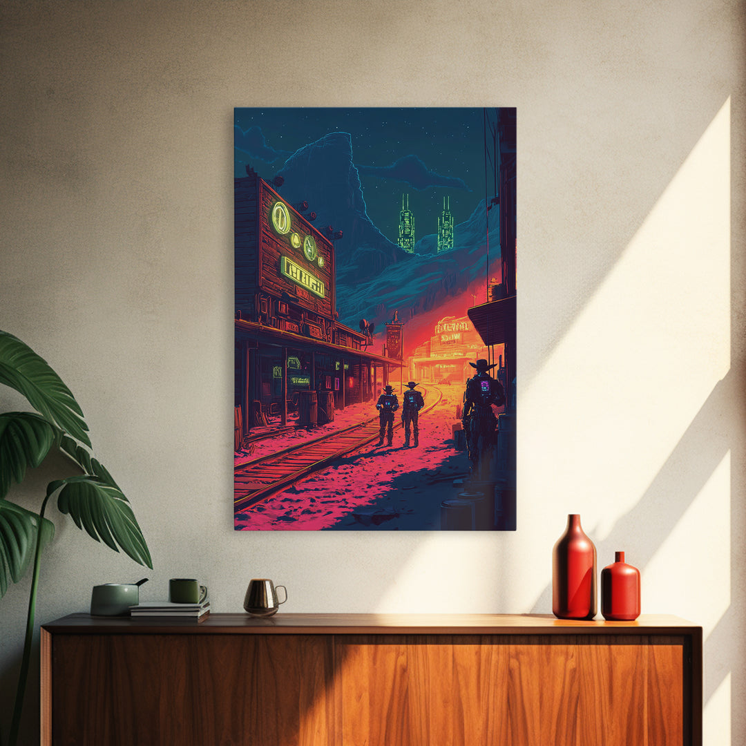 Neon Frontier Street With Cowboys Canvas Print, Cyberpunk Western Wall Art, Sci Fi Poster, Man Cave Gaming Room Decor Gift For Him