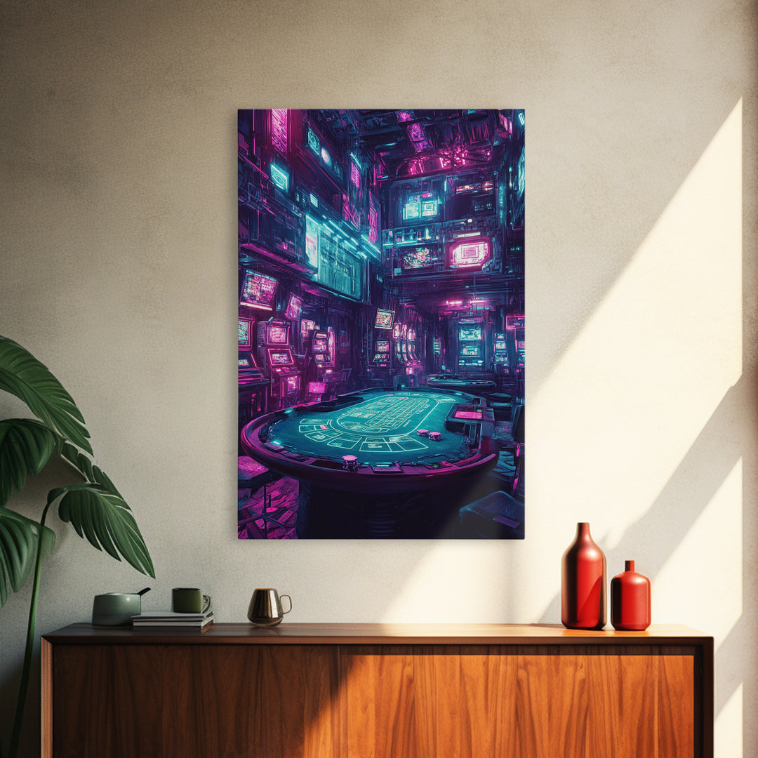 Cyberpunk Neon Casino Poker Room Wall Art, Futuristic Gaming Room Decor, Sci Fi Poster, Vaporwave Home Decor Print For Man Cave