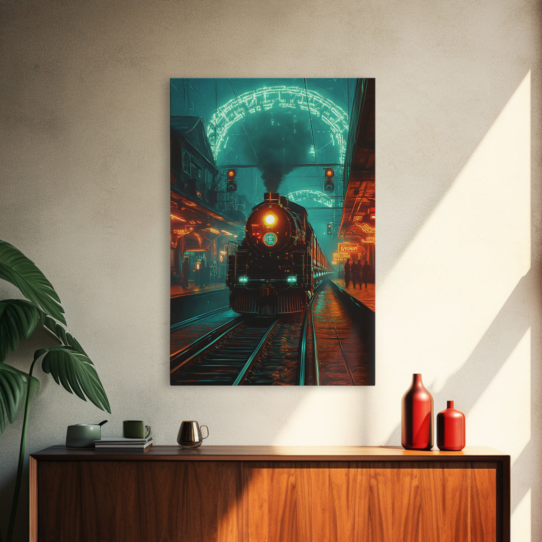 Steampunk Train Station Framed Canvas Print, Futuristic Wall Art, Sci Fi Decor, Industrial Travel Poster For Office Decor