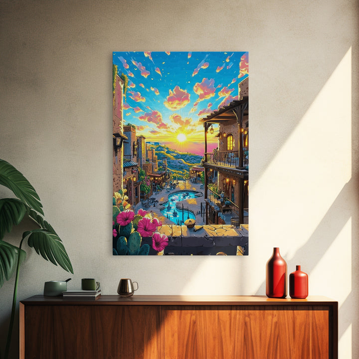 Mediterranean Sunset Village Wall Art, Vibrant Coastal Canvas Print, Travel Poster, Warm Home Decor For Living Room And Bedroom Decor
