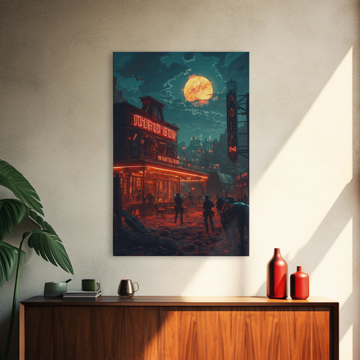 Dark Western Saloon Moon Wall Art, Moody Cowboy Canvas Print, Gothic Rustic Decor, Southwestern Poster For Man Cave Living Room Decor