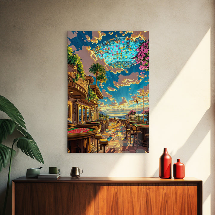 Coastal Casino Terrace UFO Canvas Print, Futuristic Travel Poster, Vibrant Coastal Wall Art, Maximalist Home Decor For Living Room