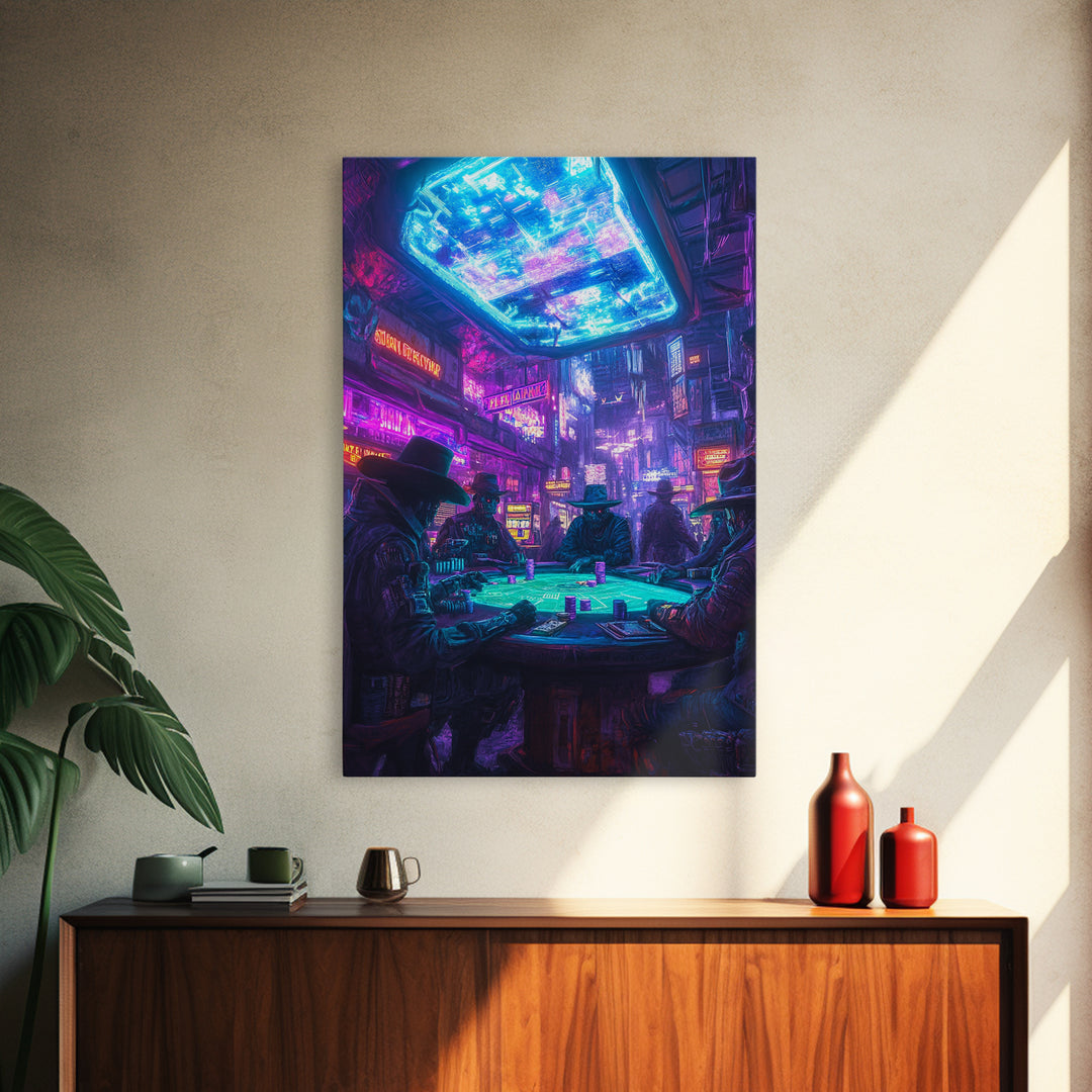 Cyberpunk Western Poker Game Wall Art, Neon Cowboy Canvas Print, Sci Fi Saloon Decor, Futuristic Man Cave Poster For Gaming Room Decor