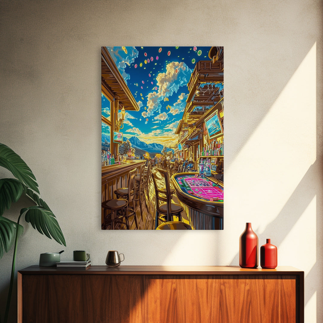 Sunlit Mountain Casino Bar Canvas Print, Colorful Western Wall Art, Game Room Decor, Man Cave Poster, Housewarming Gift Idea