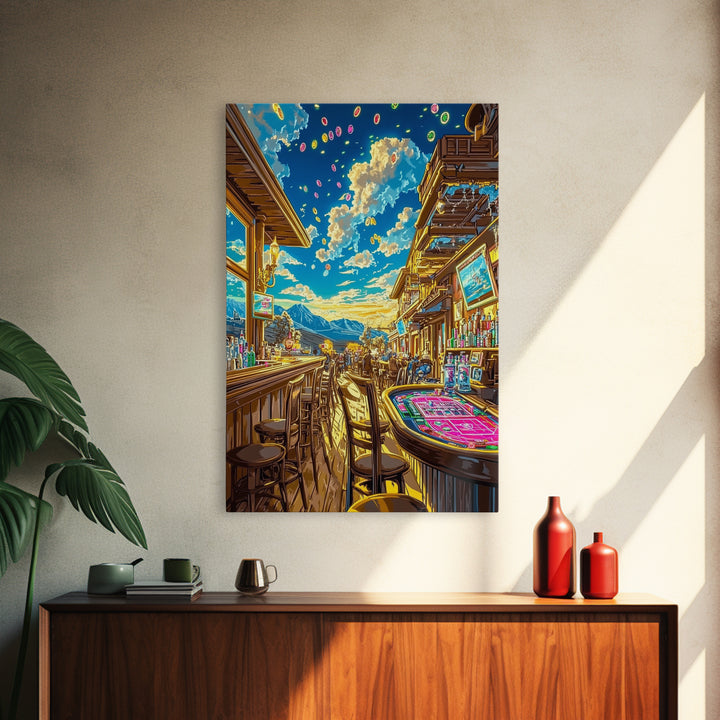 Sunlit Mountain Casino Bar Canvas Print, Colorful Western Wall Art, Game Room Decor, Man Cave Poster, Housewarming Gift Idea