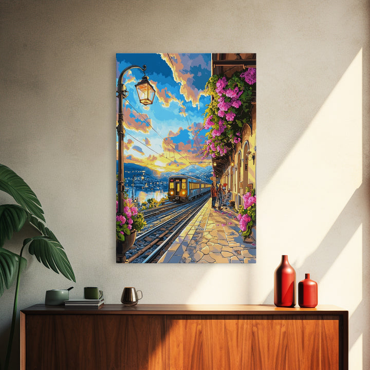 Coastal Sunset Train By Flowered Balcony Canvas Print, Mediterranean Wall Art, Travel Poster, Living Room Decor, Gift For Her