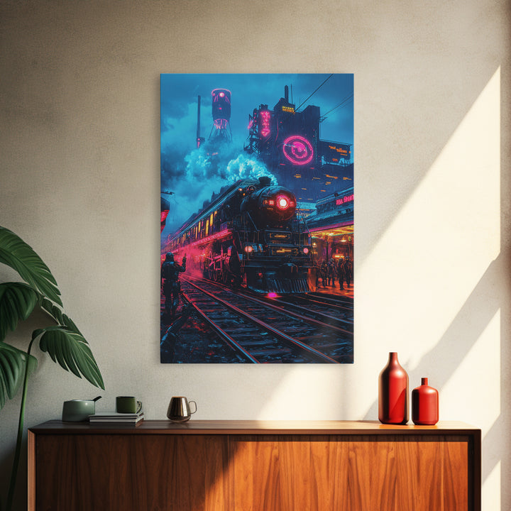 Neon Dystopian Steam Train Canvas Print, Cyberpunk City Wall Art, Futuristic Decor, Sci Fi Poster, Gaming Room Gift For Him