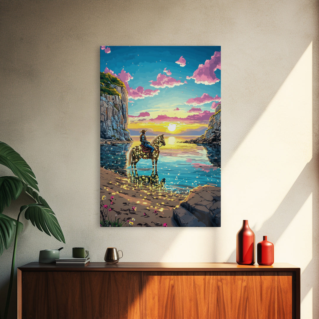 Glowing Cowgirl Horse On Sunset Cove Canvas Print, Western Wall Art, Coastal Decor, Romantic Bedroom Art, Unique Gift For Her