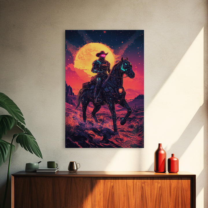 Cyberpunk Cowboy On Robotic Horse Canvas Print, Neon Western Wall Art, Futuristic Desert Decor, Sci Fi Poster, Gift For Him