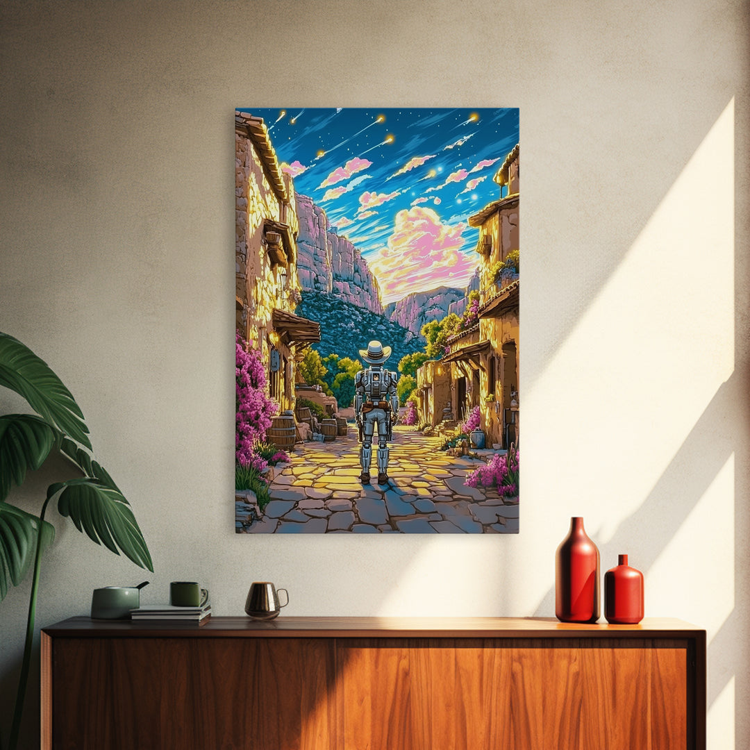 Astronaut In Canyon Village Under Meteors Canvas Print, Futuristic Wall Art, Space Decor, Sci Fi Poster, Gamer Room Decor, Gift For Him