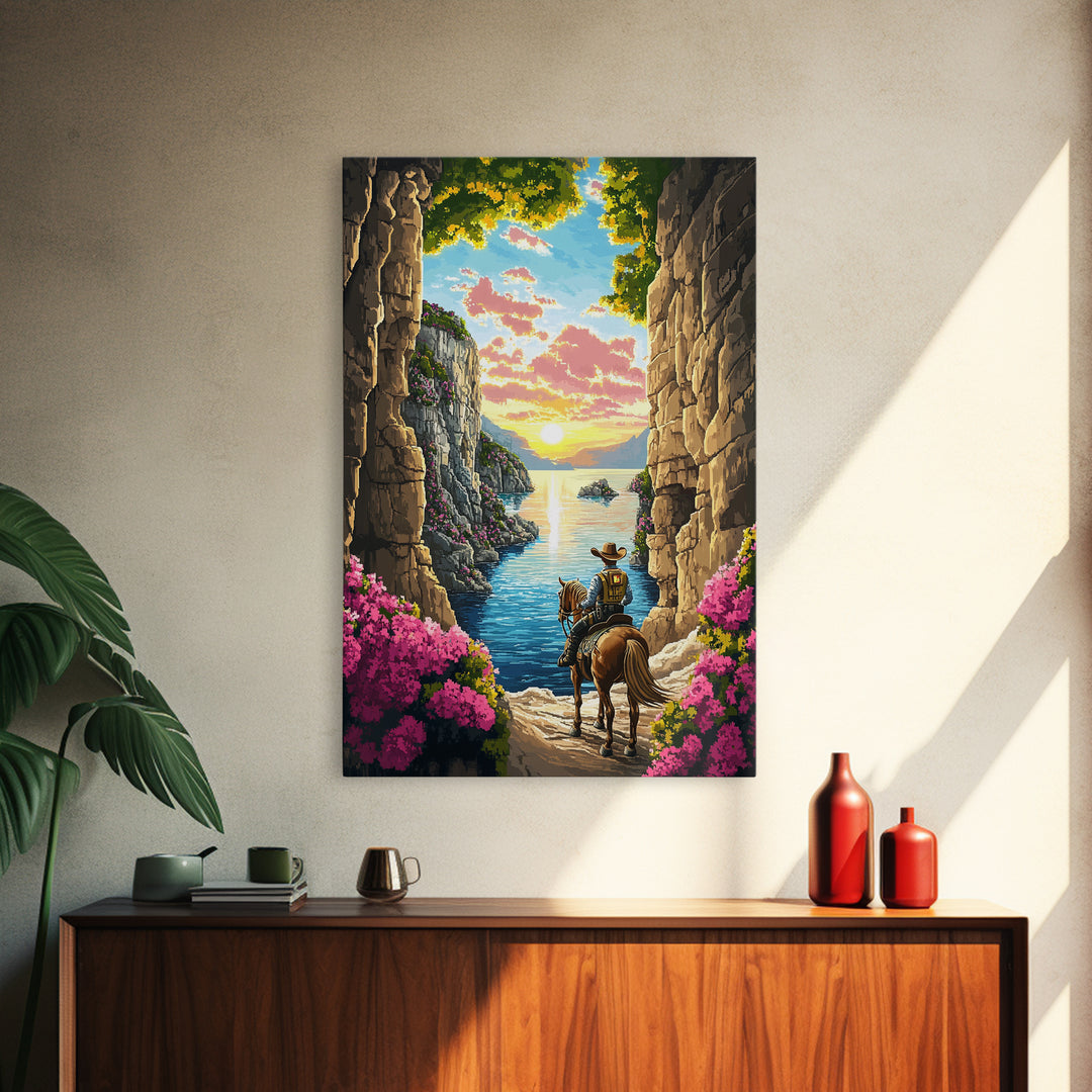 Cowboy Horseback Coastal Canyon Sunset Wall Art, Western Landscape Canvas, Adventure Decor, Ocean Cliff Art Print, Living Room Decor
